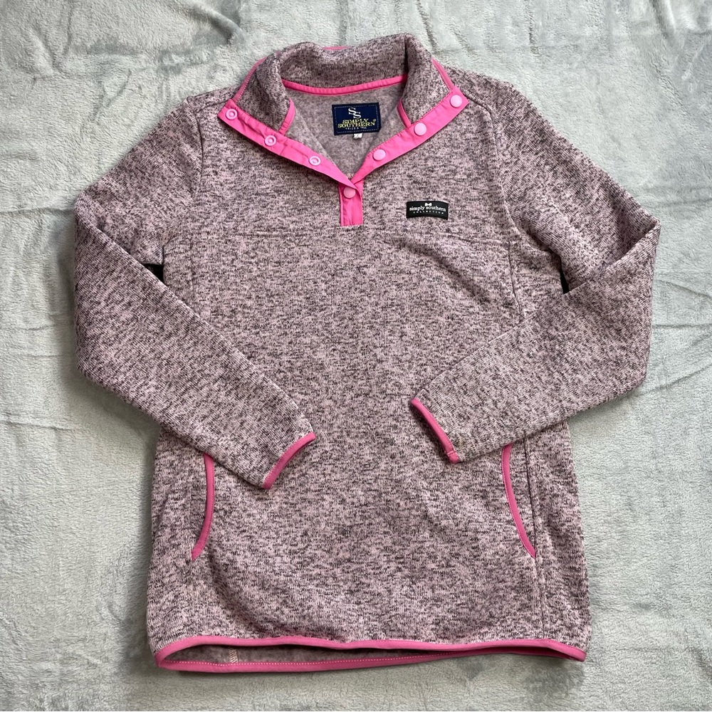 Simply Southern Sweater Medium 1/4 Snap Pullover Knit Fleece Lined Pink Marl